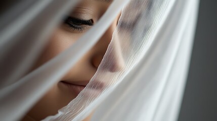 A close-up of a serene face partially covered by a delicate veil, showcasing beauty and tranquility in soft natural light.
