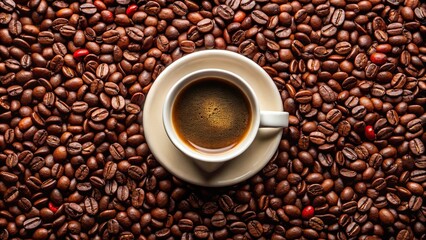 Naklejka premium Close-up cup of coffee stained with lipstick and surrounded by coffee beans
