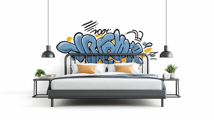 A modern bedroom featuring a stylish graffiti wall art and minimalist decor. The vibrant colors and lighting create a unique and inviting space for relaxation.