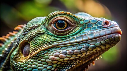 Close-up detailed reptile macro photography of piercing gaze from the side