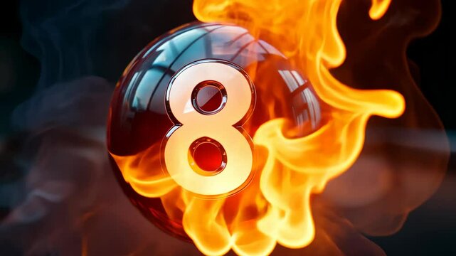 A black eight ball engulfed in flames against a dark background