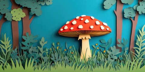 Vibrant red-capped amanita mushroom with white spots emerging from the grass in a woodland setting, Red-capped mushroom with white spots in grassy woodland