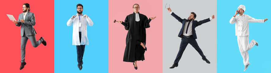 Many jumping people of different professions on color background