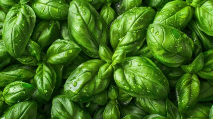 Fresh Basil Leaves with Water Droplets