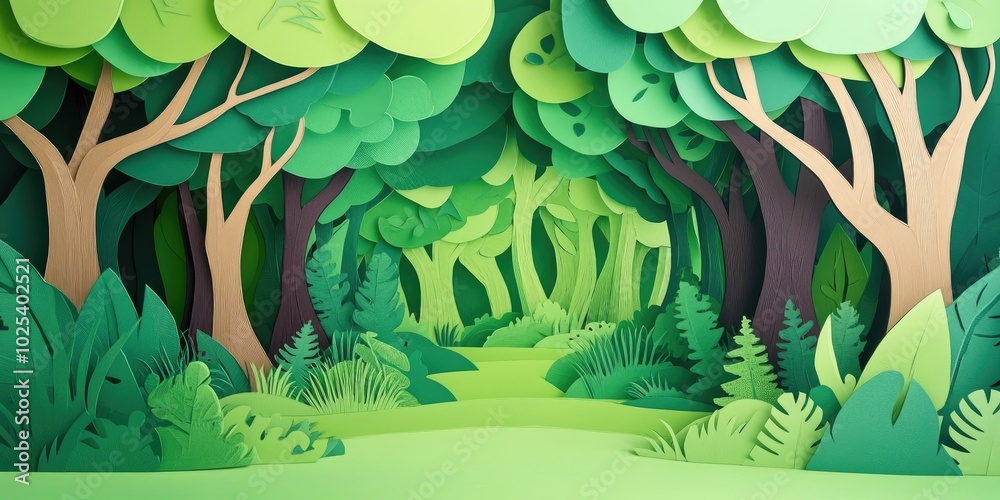 Poster lush green trees in a tranquil forest setting within a natural park, lush green trees in a peaceful 