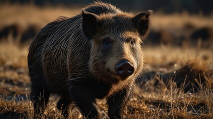 A solitary wild boar, its fur matted with dew, stands alert in a sun-dappled clearing