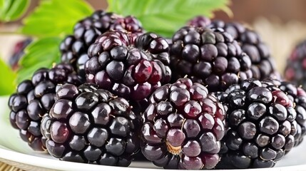 Close-up of Ripe Blackberries on a White Plate