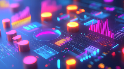 Fototapeta premium 3D Render Of Futuristic Interface With Neon Charts For Technology Concept
