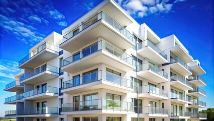 Obraz premium Close-up fragment of white modern residential apartment hotel building with balconies on blue sky background with copy space