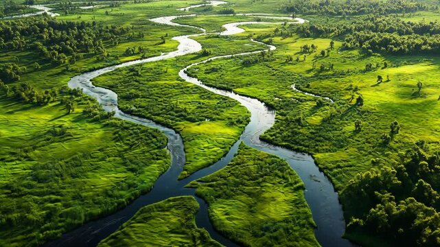 A winding river cuts through a lush green landscape on a sunny day