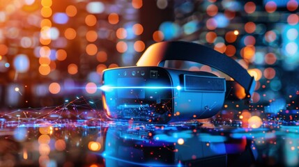 Futuristic Virtual Reality Headset with Colorful Bokeh Lights