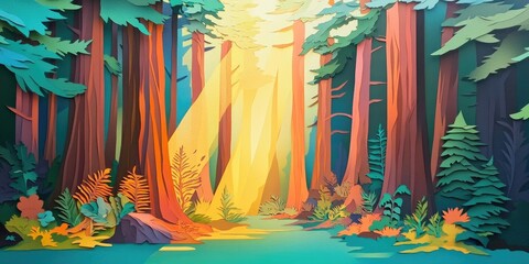 Sunlight filtering through the towering redwood trees, Sunlight shining through tall redwood trees