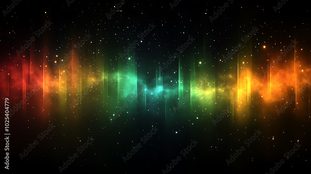 Poster abstract background with glowing streaks of light and stars in a dark sky.