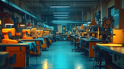 Naklejka premium Industrial Sewing Machines in a Factory Workshop