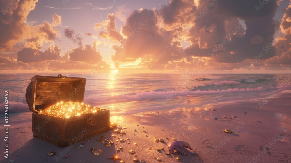 Poster Treasure Chest on Beach at Sunset