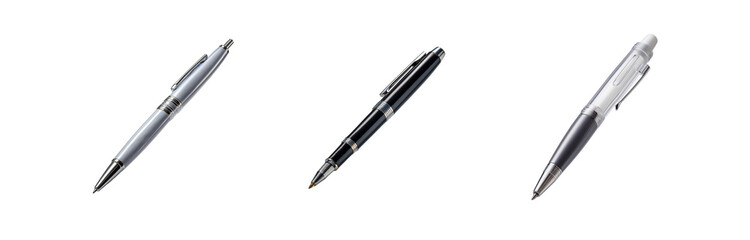 Three pens, silver, black, clear, isolated on white background.