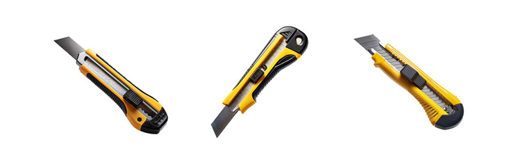 Three yellow and black utility knives are lined up and slightly angled on a white background.