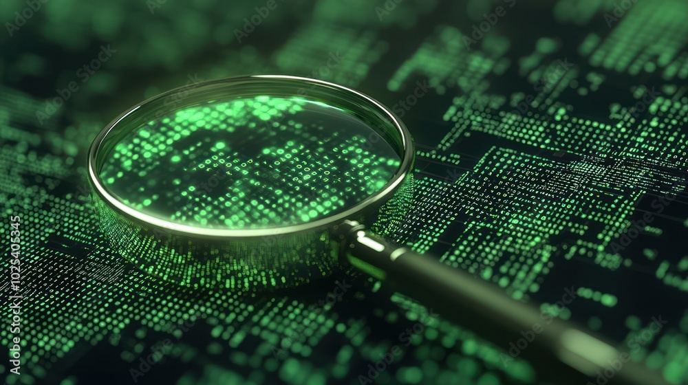 Aufkleber magnifying glass focused on green binary code