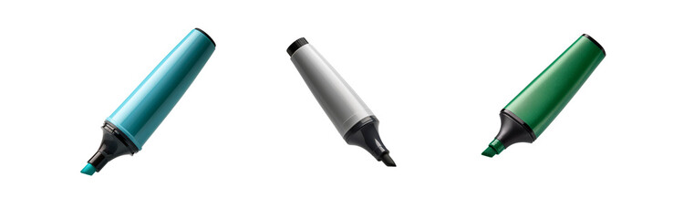 Three highlighters, one blue, one gray, and one green, lie on a white background.