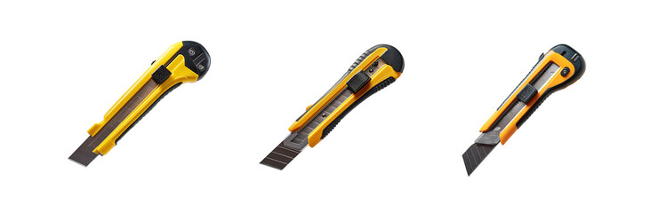 Three yellow and black utility knives are shown on a white background with a striped pattern.