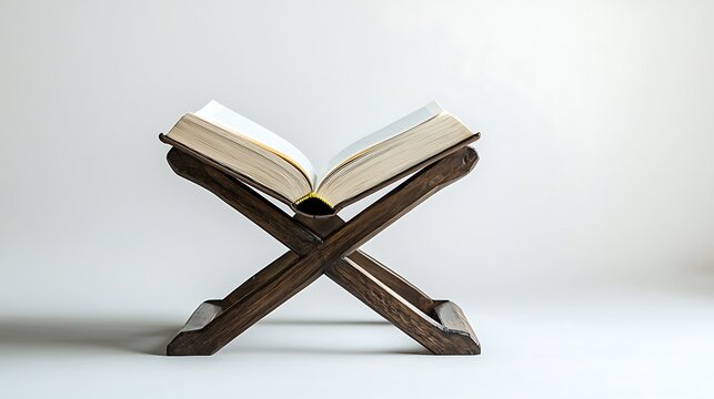 Open Book on Wooden Stand White Background Reading Study Knowledge Learning