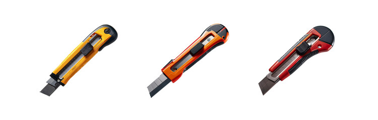 Fototapeta premium Three utility knives of different colors are shown in a photo. The knives are all facing forward, with their blades facing towards the left. They are placed in a pattern against a white background.