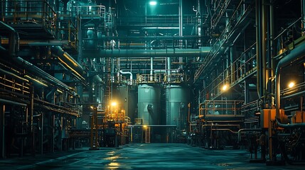 Fototapeta premium Industrial Plant Interior with Pipes Catwalks and Tanks at Night