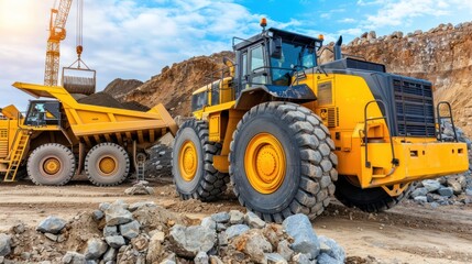 Fototapeta premium Yellow Construction Vehicles Working at a Quarry