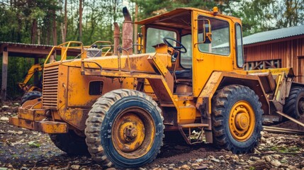 Fototapeta premium Yellow Construction Tractor in Forest Setting