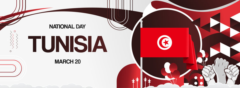 Tunisia national day festive banner. Vibrant modern design for holiday celebration, greeting card, billboard, sport event backdrops. March 20. Happy Tunisia Independence Day Backgrounds