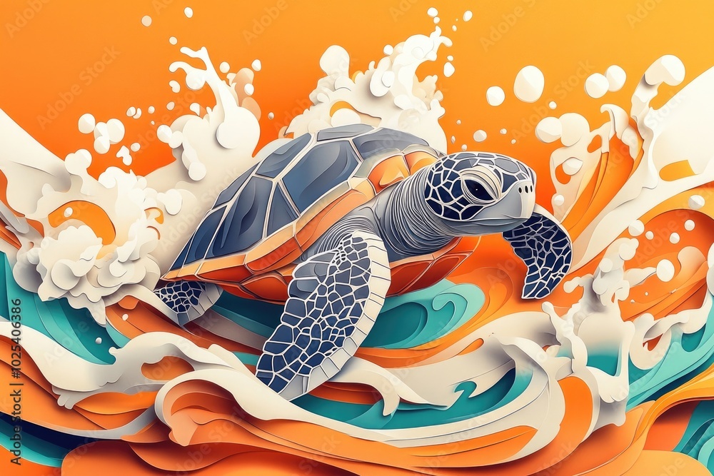 Poster Sea turtle feeding and creating splashes in its natural habitat, Sea turtle foraging and splashing in its environment