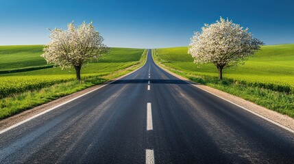 Fototapeta premium A long, straight asphalt road leads up a hill, flanked by two blooming trees. The road is surrounded by a green field with a blue sky and white clouds in the background.