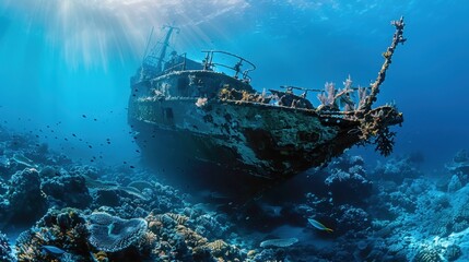 Fototapeta premium Abandoned Shipwreck Surrounded by Coral Reef