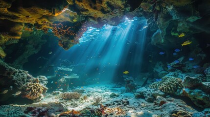 Fototapeta premium Underwater Cave with Sunlight and Colorful Fish