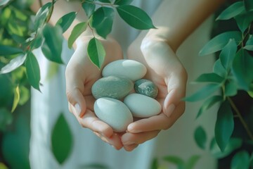 Serene Woman Holding Smooth Stones in Fresh Leaves