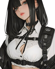 Anime Girl with Black Hair and Straps: Fashion Illustration