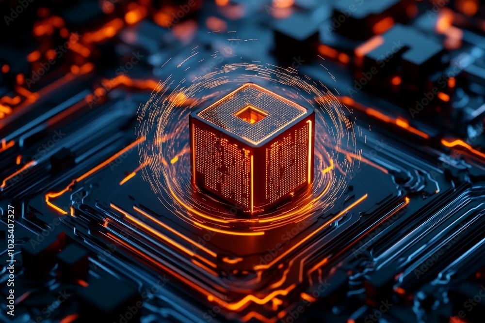 Aufkleber Hackerâ€™s attack is visualized in a 3D-rendered digital space, where a glowing cube represents a data server under siege, surrounded by swirling lines of code