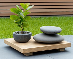 A serene Zen garden layout featuring smooth stones and a small plant, creating a perfect tranquil outdoor space for relaxation and meditation, japanese zen garden