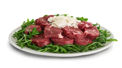 Fototapeta premium Raw Beef Steaks with Arugula and Grated Cheese on a White Plate