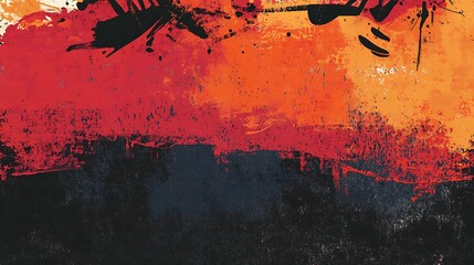Abstract background with orange, red and black paint splatters and texture.