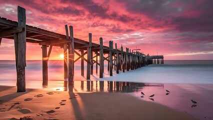 Naklejka premium Carrasqueira old wooden pier at sunset, Soain
