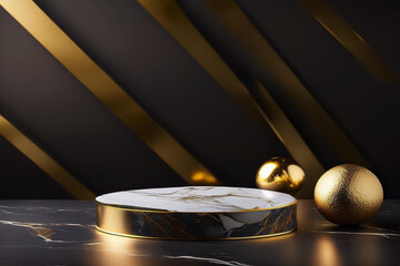 Mockup product photo marble table and dark studio Gold backdrops, gold backdrop, dark mate background