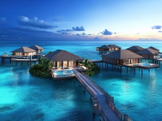 Fototapeta premium Overwater Bungalows with Private Pools and Wooden Walkways
