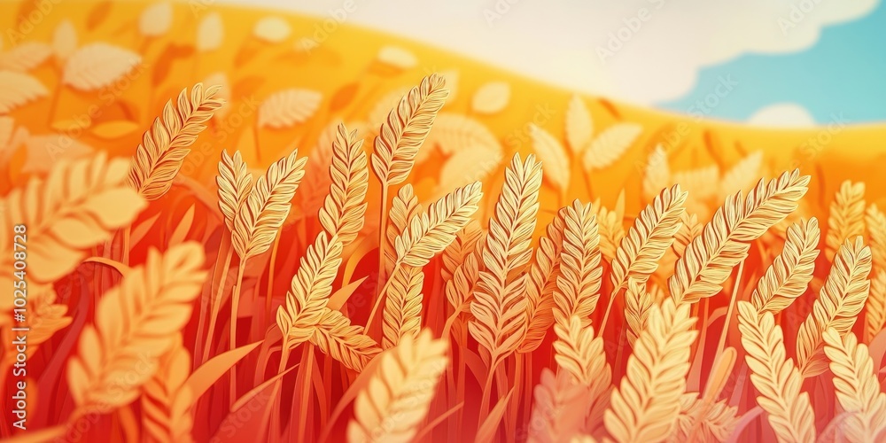 Poster close-up image of golden wheat ears in a field, close-up of golden wheat ears in a field