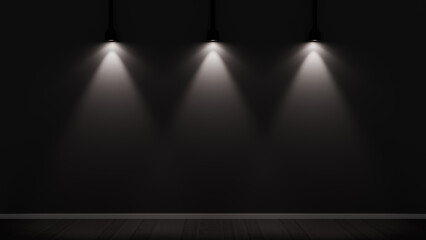 Three spotlights dramatically illuminate a black wall in a dark studio. The minimalist composition and lighting aim to create a perfect environment for presentations and visual projects.