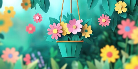Vibrant blossoms in a hanging pot within a flower garden, captured with selective focus, Colorful flowers in hanging pot in garden with selective focus