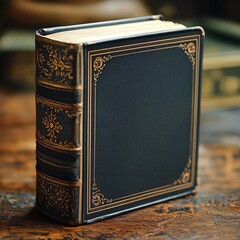 Aged leather-bound book with worn cover, blank pages, and a vintage feel