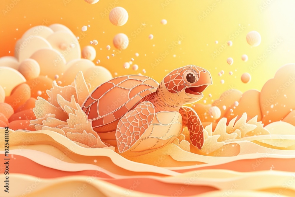 Poster Sea turtle feeding and creating splashes in its natural habitat, Sea turtle foraging and splashing in its environment