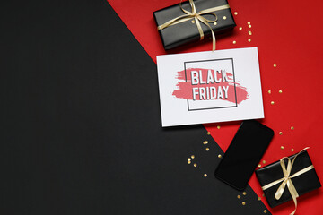 Black Friday sale greeting card with mobile phone and gift boxes on color background