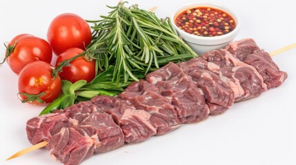 Fototapeta premium Raw Meat Skewer with Tomatoes, Rosemary, and Spices